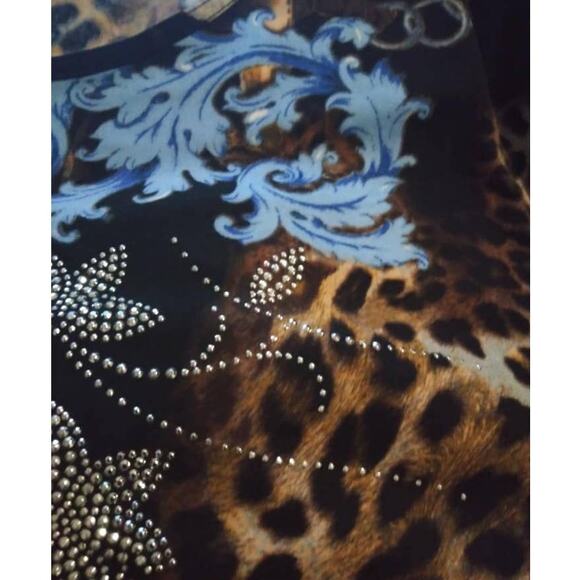 Vintage Animal Print Floral Beaded Damask Short Sleeve Plus Size Blouse Y2K 1X - Picture 4 of 7